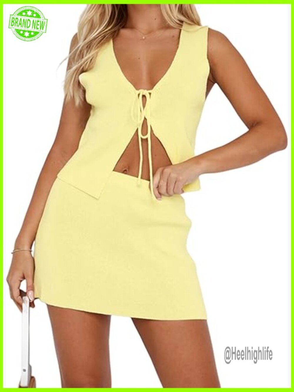 Medium Knit Two Piece Set: Sleeveless V-Neck Crop Top & Mini Skirt